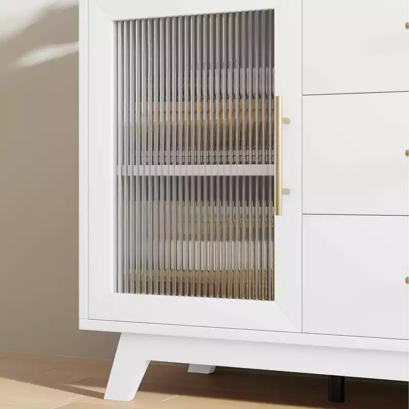 Buffet de rangement de 56 po avec 2 portes en verre cannelé, 3 grands tiroirs, meuble de bar à café moderne pour cuisine, salle à manger, salon
