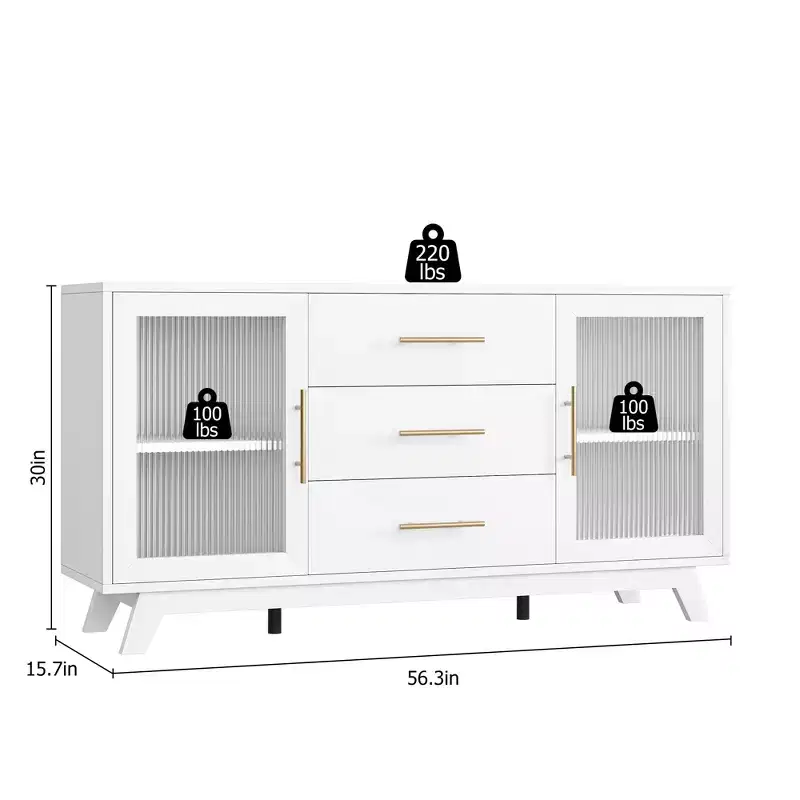 Buffet de rangement de 56 po avec 2 portes en verre cannelé, 3 grands tiroirs, meuble de bar à café moderne pour cuisine, salle à manger, salon