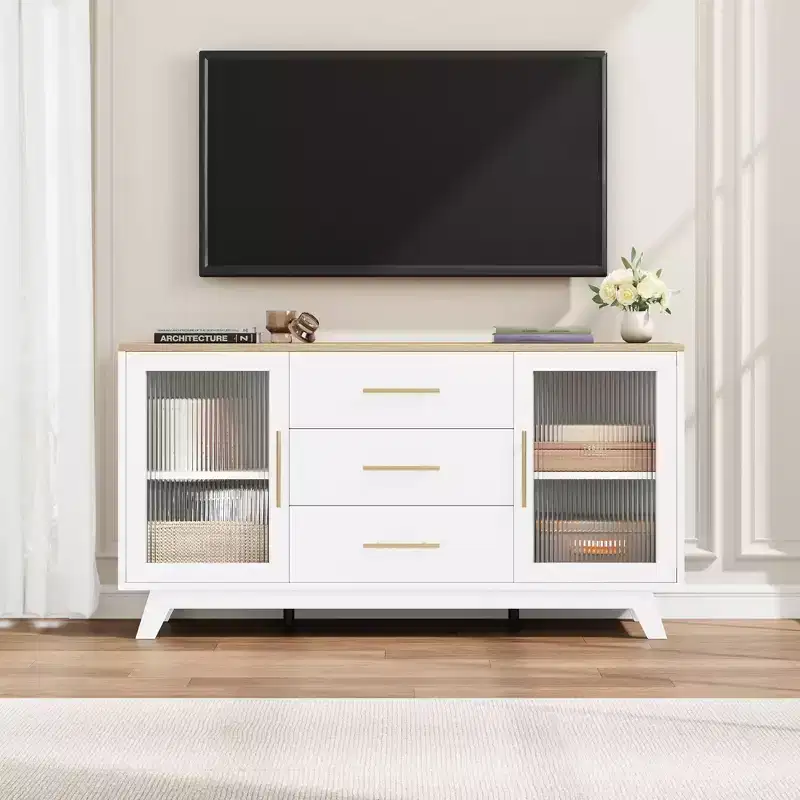 Buffet de rangement de 56 po avec 2 portes en verre cannelé, 3 grands tiroirs, meuble de bar à café moderne pour cuisine, salle à manger, salon