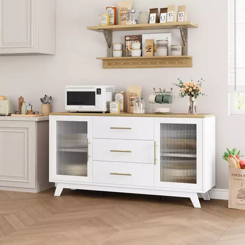 Buffet de rangement de 56 po avec 2 portes en verre cannelé, 3 grands tiroirs, meuble de bar à café moderne pour cuisine, salle à manger, salon