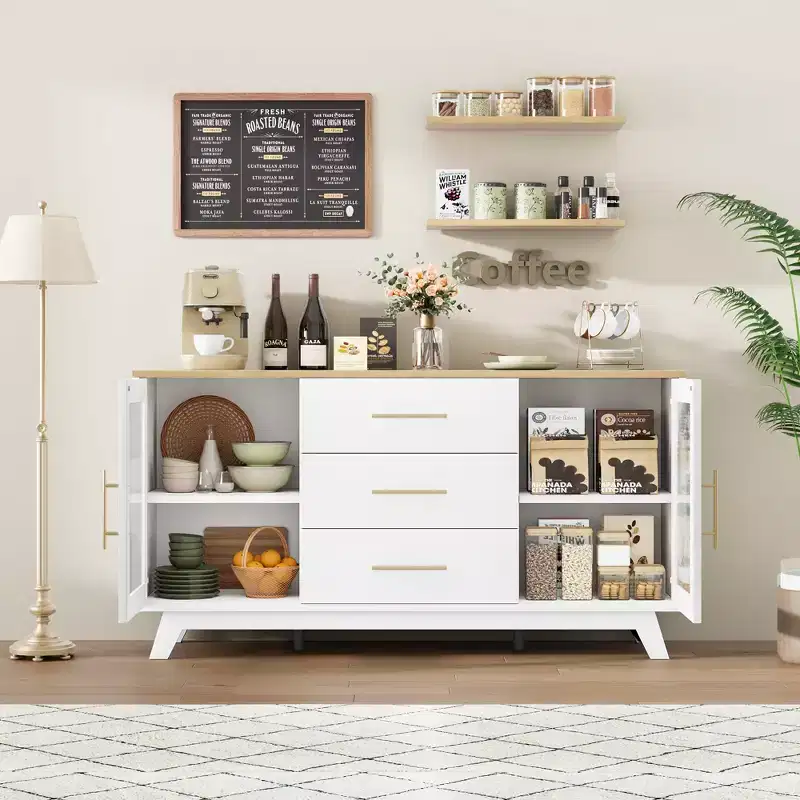 Buffet de rangement de 56 po avec 2 portes en verre cannelé, 3 grands tiroirs, meuble de bar à café moderne pour cuisine, salle à manger, salon