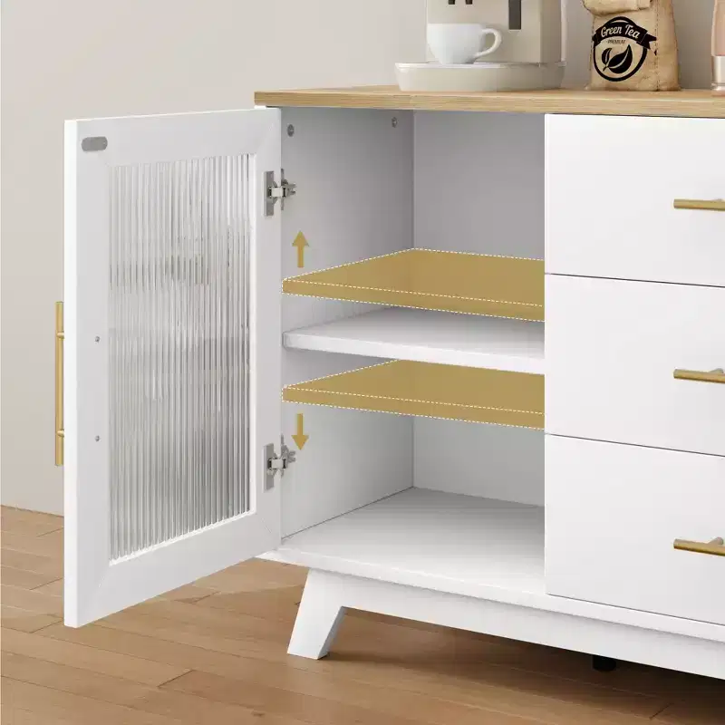 Buffet de rangement de 56 po avec 2 portes en verre cannelé, 3 grands tiroirs, meuble de bar à café moderne pour cuisine, salle à manger, salon