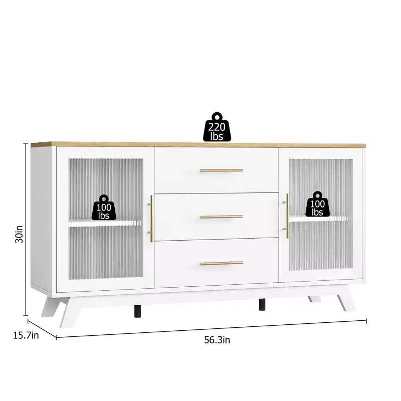 Buffet de rangement de 56 po avec 2 portes en verre cannelé, 3 grands tiroirs, meuble de bar à café moderne pour cuisine, salle à manger, salon