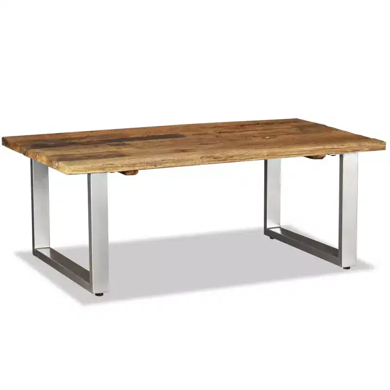Table basse multicolore en bois de récupération massif et fer forgé