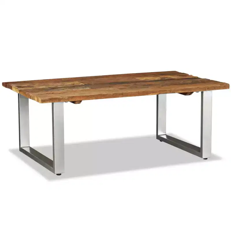 Table basse multicolore en bois de récupération massif et fer forgé