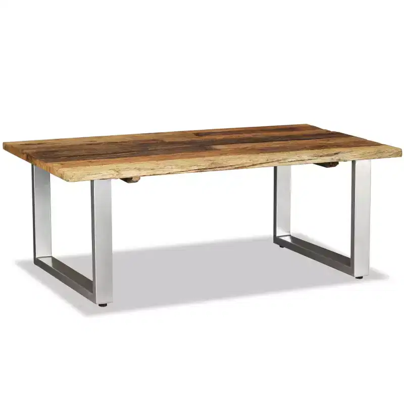 Table basse multicolore en bois de récupération massif et fer forgé