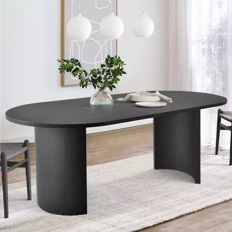 Table à manger ovale moderne avec pieds en forme de C, Grande table de cuisine élégante avec finition grain de bois pour la maison, la salle de petit-déjeuner ou la salle à manger
