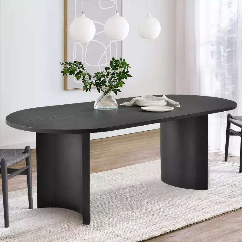 Table à manger ovale moderne avec pieds en forme de C, Grande table de cuisine élégante avec finition grain de bois pour la maison, la salle de petit-déjeuner ou la salle à manger