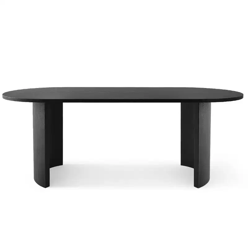 Table à manger ovale moderne avec pieds en forme de C, Grande table de cuisine élégante avec finition grain de bois pour la maison, la salle de petit-déjeuner ou la salle à manger