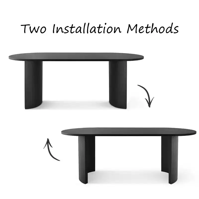 Table à manger ovale moderne avec pieds en forme de C, Grande table de cuisine élégante avec finition grain de bois pour la maison, la salle de petit-déjeuner ou la salle à manger