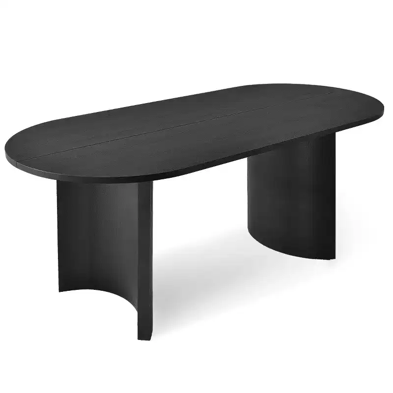 Table à manger ovale moderne avec pieds en forme de C, Grande table de cuisine élégante avec finition grain de bois pour la maison, la salle de petit-déjeuner ou la salle à manger