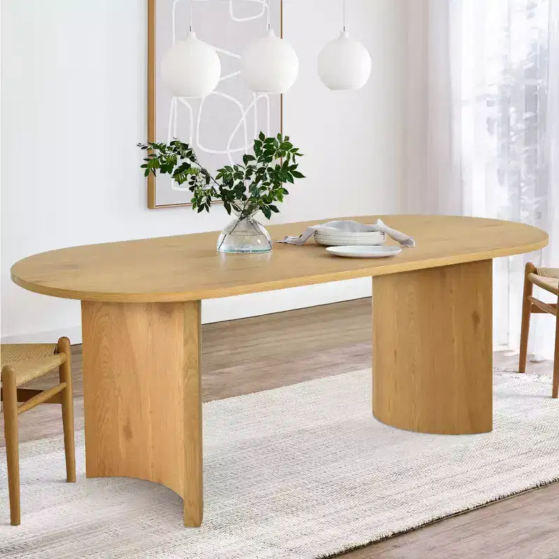 Table à manger ovale moderne avec pieds en forme de C, Grande table de cuisine élégante avec finition grain de bois pour la maison, la salle de petit-déjeuner ou la salle à manger