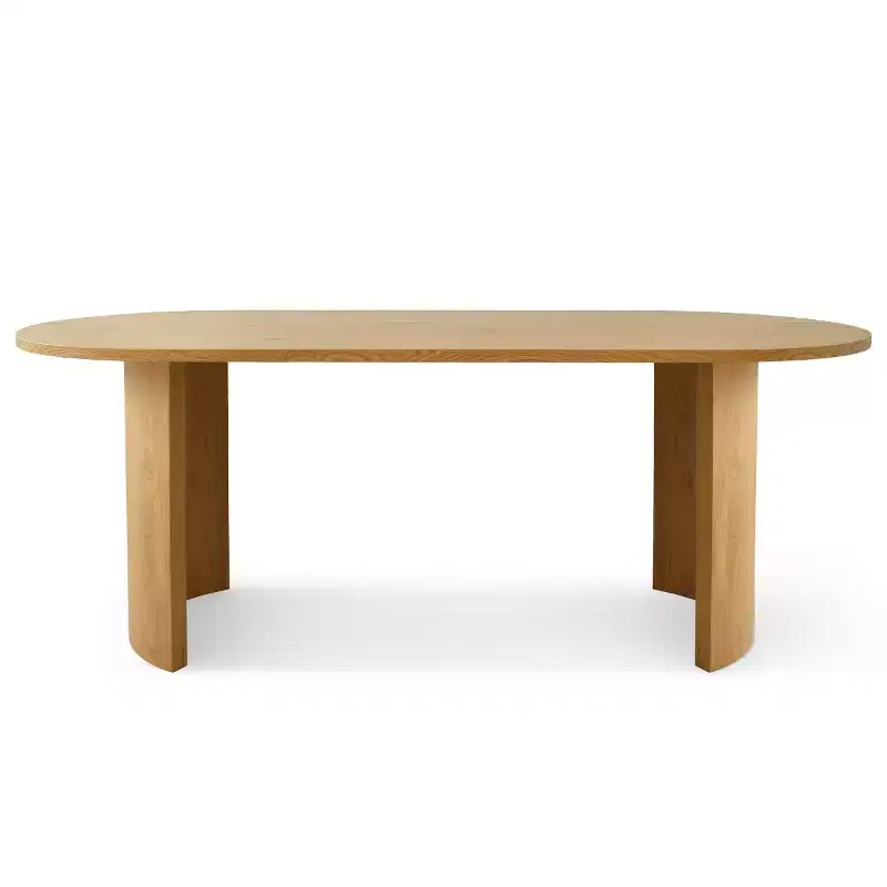 Table à manger ovale moderne avec pieds en forme de C, Grande table de cuisine élégante avec finition grain de bois pour la maison, la salle de petit-déjeuner ou la salle à manger