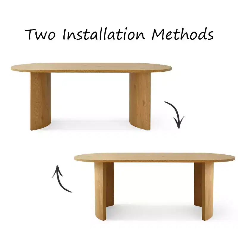 Table à manger ovale moderne avec pieds en forme de C, Grande table de cuisine élégante avec finition grain de bois pour la maison, la salle de petit-déjeuner ou la salle à manger