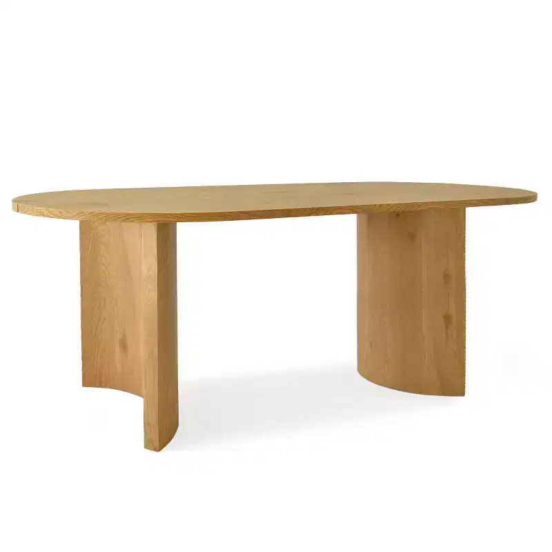 Table à manger ovale moderne avec pieds en forme de C, Grande table de cuisine élégante avec finition grain de bois pour la maison, la salle de petit-déjeuner ou la salle à manger