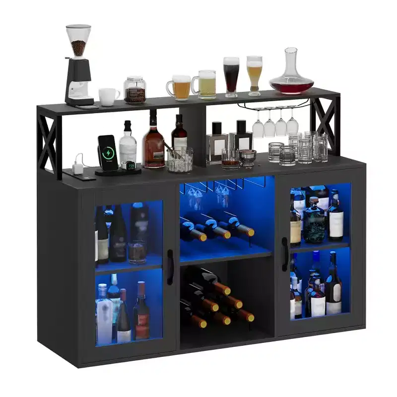 Meuble Bar pour la Maison, Meuble à Liqueur avec Prises de Courant, Porte-Verres, Meuble à Vin avec Rangement, Meuble à Vin avec Étagères pour CuisineMaison