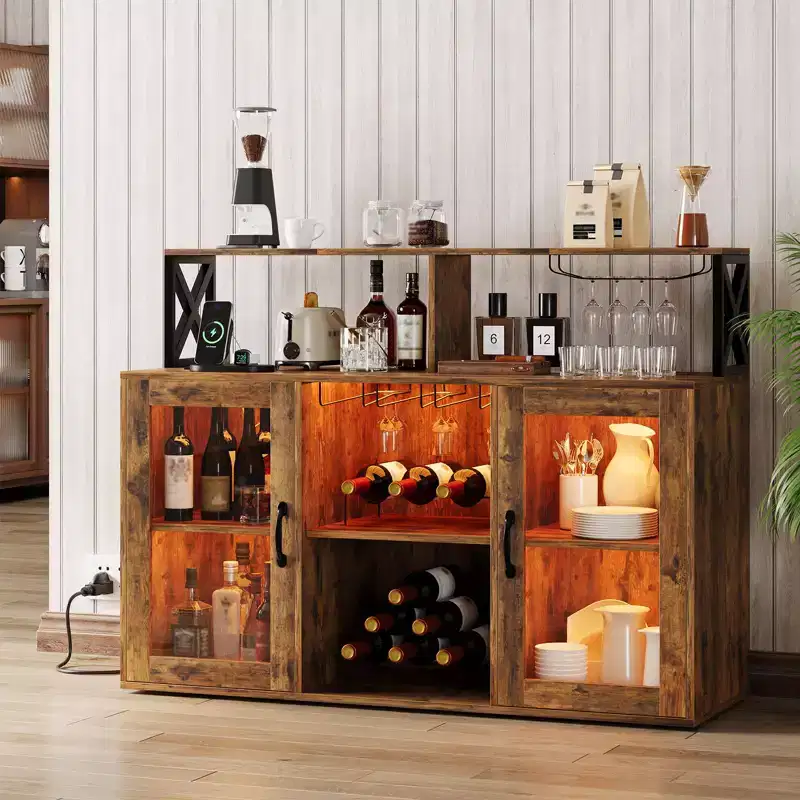 Meuble Bar pour la Maison, Meuble à Liqueur avec Prises de Courant, Porte-Verres, Meuble à Vin avec Rangement, Meuble à Vin avec Étagères pour CuisineMaison