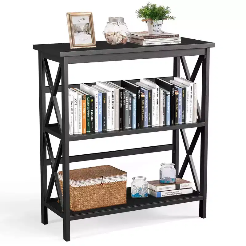 Étagère bibliothèque en bois à 3 niveaux, ouverte, avec design en X, autoportante, noir/marron/naturel/blanc