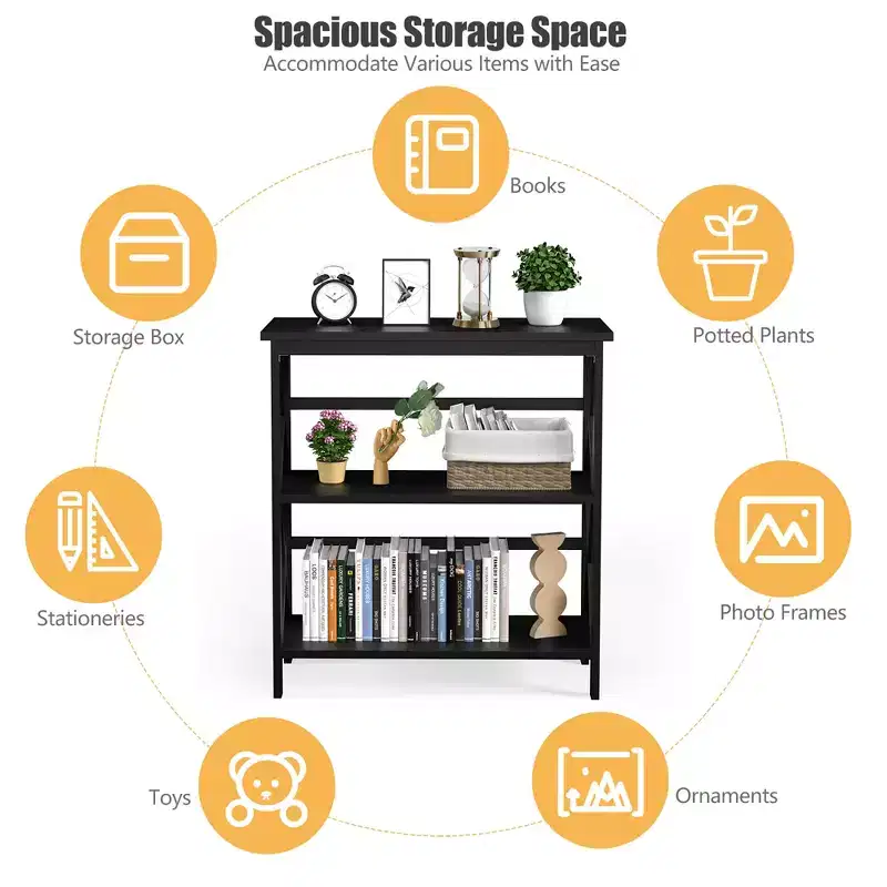 Étagère bibliothèque en bois à 3 niveaux, ouverte, avec design en X, autoportante, noir/marron/naturel/blanc