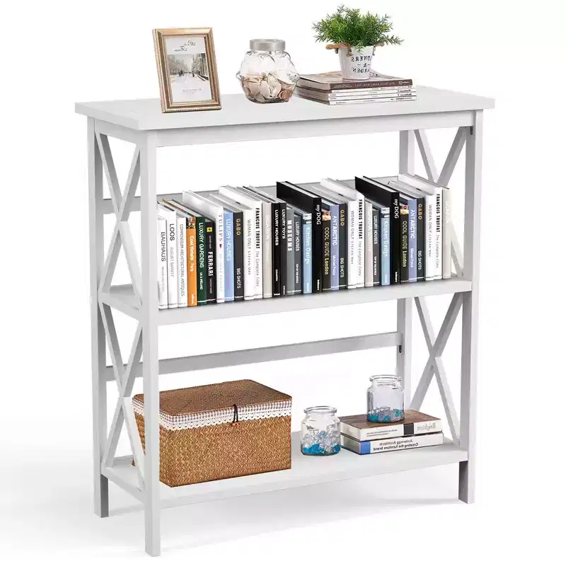 Étagère bibliothèque en bois à 3 niveaux, ouverte, avec design en X, autoportante, noir/marron/naturel/blanc