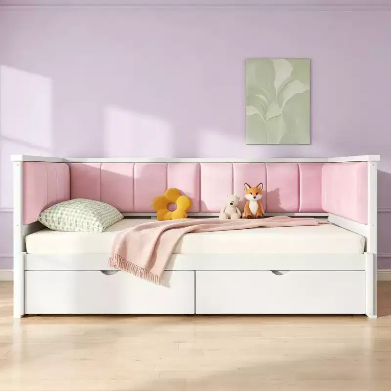 Lit de repos double XL à taille King avec 2 tiroirs et dossier rembourré, blanc+rose