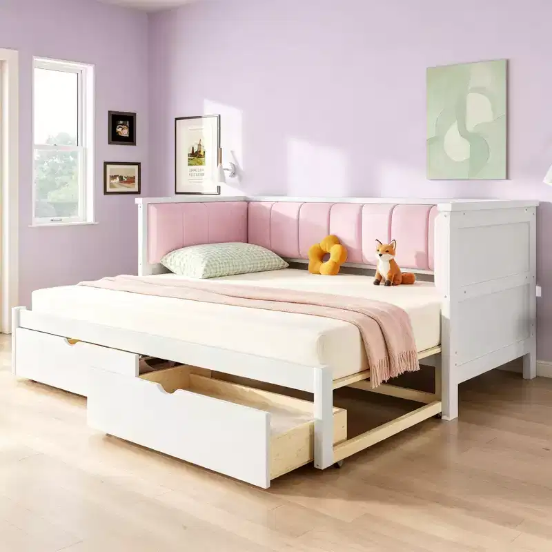 Lit de repos double XL à taille King avec 2 tiroirs et dossier rembourré, blanc+rose