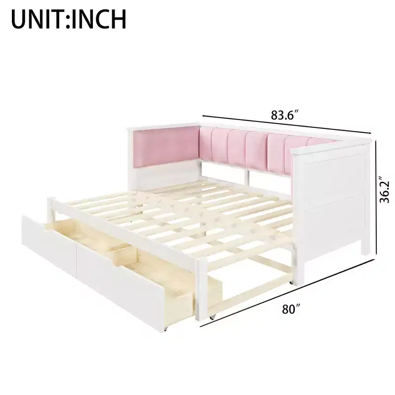 Lit de repos double XL à taille King avec 2 tiroirs et dossier rembourré, blanc+rose