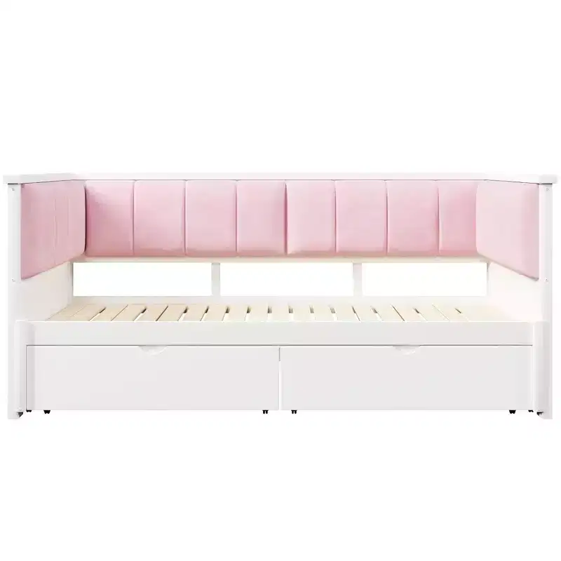 Lit de repos double XL à taille King avec 2 tiroirs et dossier rembourré, blanc+rose