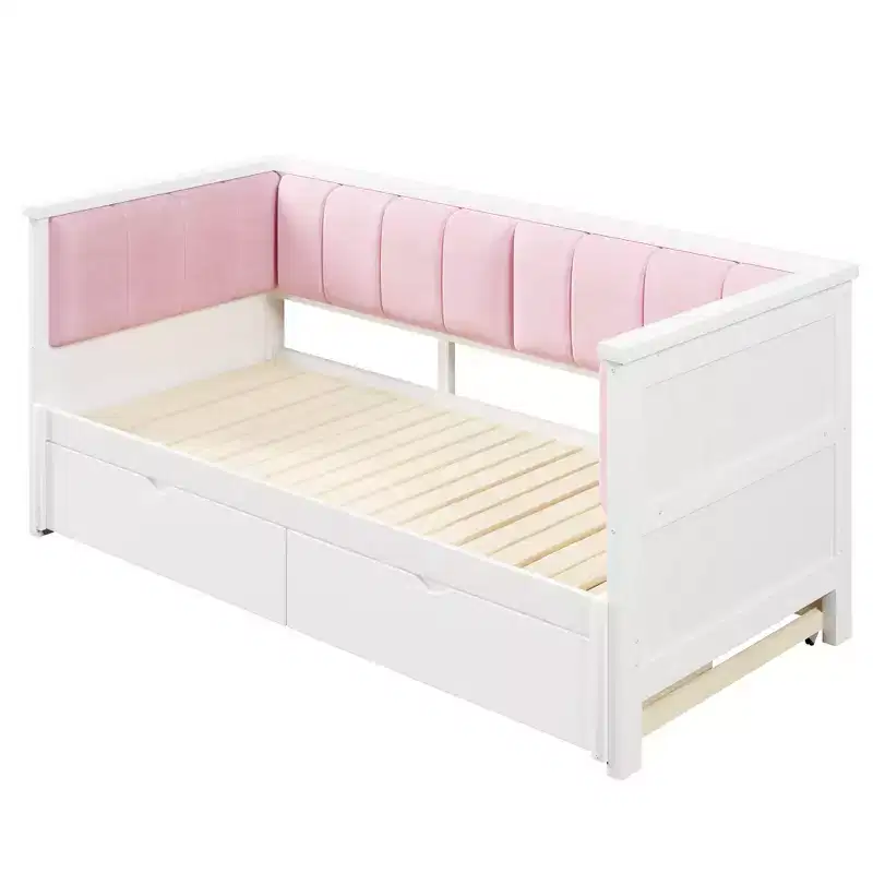 Lit de repos double XL à taille King avec 2 tiroirs et dossier rembourré, blanc+rose