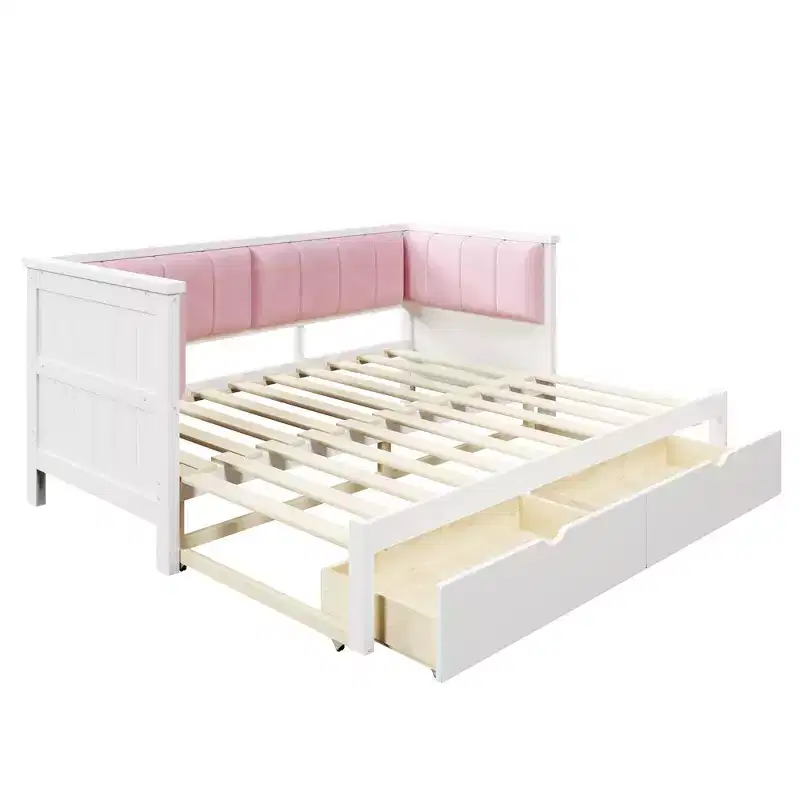Lit de repos double XL à taille King avec 2 tiroirs et dossier rembourré, blanc+rose