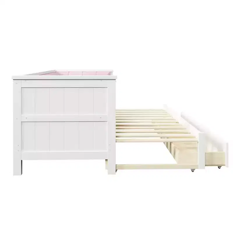 Lit de repos double XL à taille King avec 2 tiroirs et dossier rembourré, blanc+rose