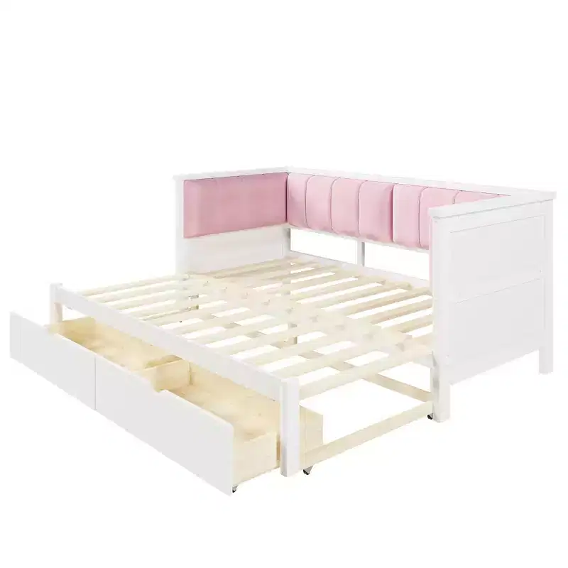Lit de repos double XL à taille King avec 2 tiroirs et dossier rembourré, blanc+rose
