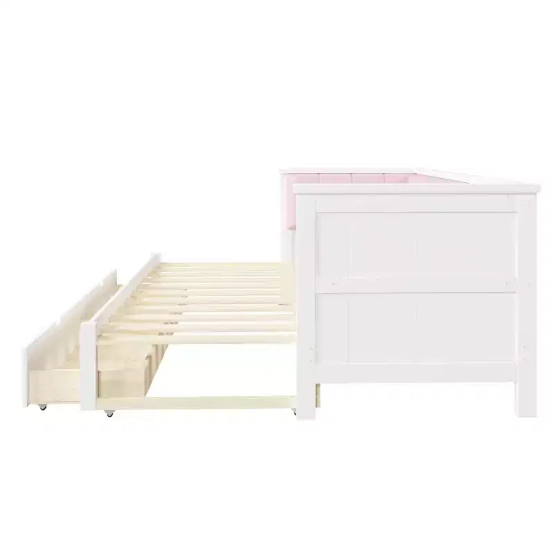 Lit de repos double XL à taille King avec 2 tiroirs et dossier rembourré, blanc+rose