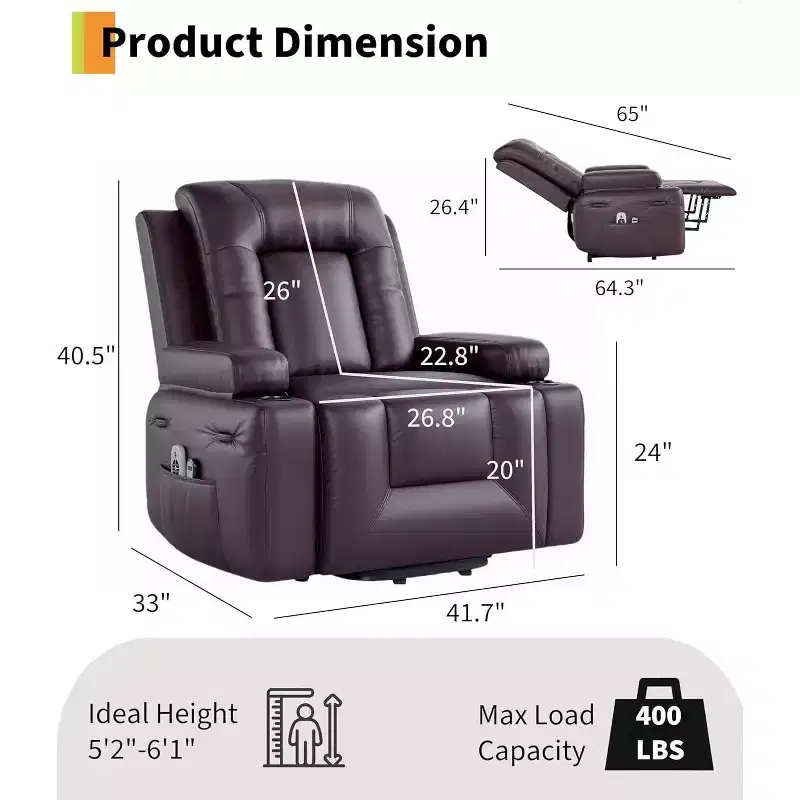 Fauteuil inclinable électrique avec massage et chauffage – Fauteuil lève-personne en cuir PU réglable et robuste pour personnes âgées et à mobilité réduite