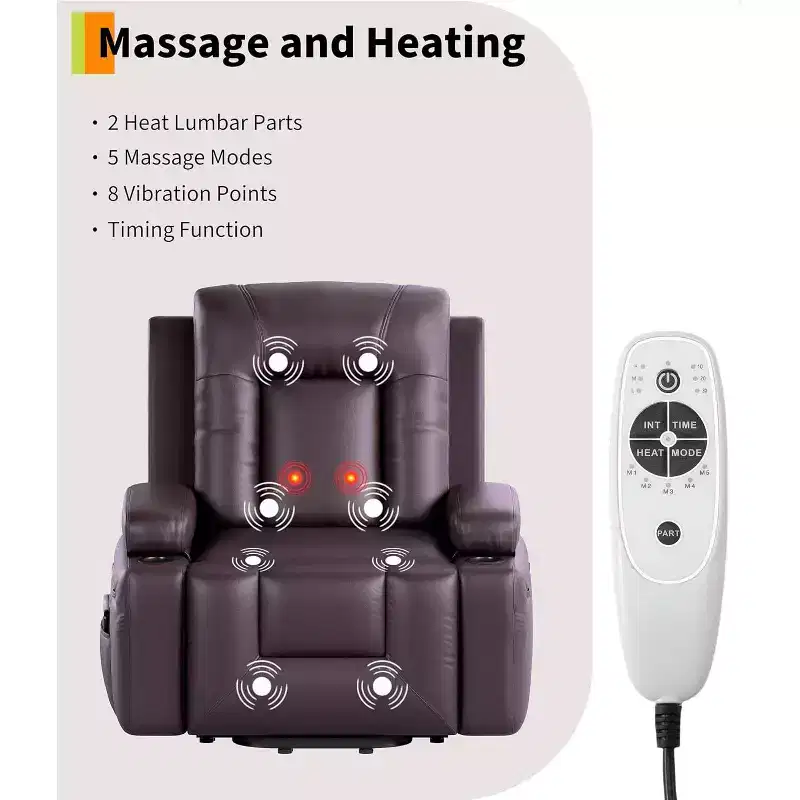 Fauteuil inclinable électrique avec massage et chauffage – Fauteuil lève-personne en cuir PU réglable et robuste pour personnes âgées et à mobilité réduite