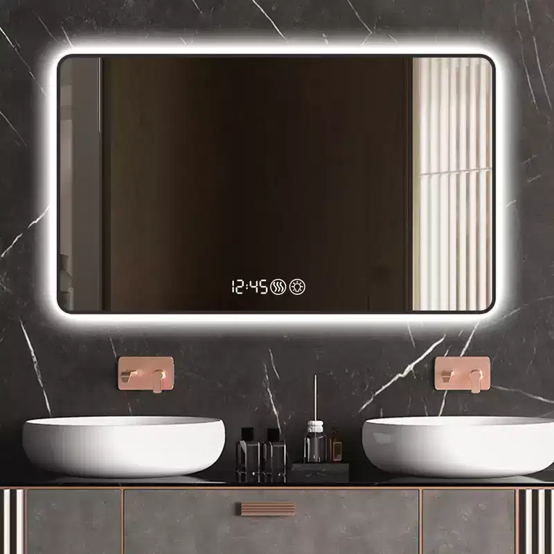 Miroir de salle de bain mural à coins arrondis, miroir de courtoisie anti-buée avec affichage de la température, miroir mural pour salle de bain