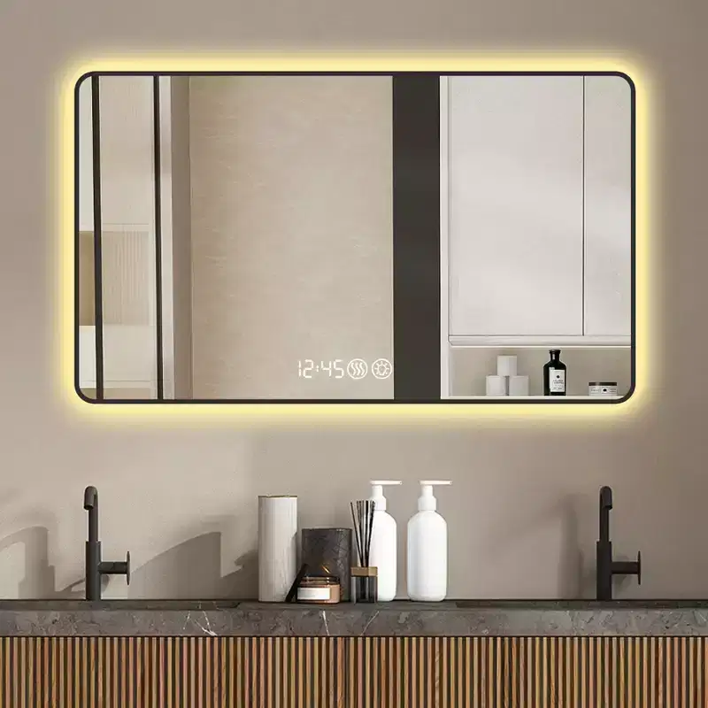 Miroir de salle de bain mural à coins arrondis, miroir de courtoisie anti-buée avec affichage de la température, miroir mural pour salle de bain