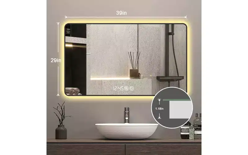 Miroir de salle de bain mural à coins arrondis, miroir de courtoisie anti-buée avec affichage de la température, miroir mural pour salle de bain