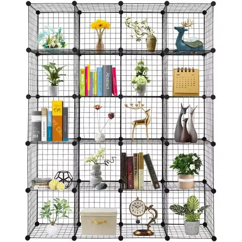 Organisateur de rangement modulaire DIY 20 cubes, étagère et tablettes multi-unités en treillis métallique, design réglable, noir