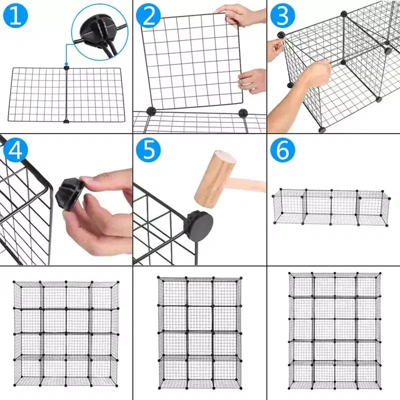Organisateur de rangement modulaire DIY 20 cubes, étagère et tablettes multi-unités en treillis métallique, design réglable, noir