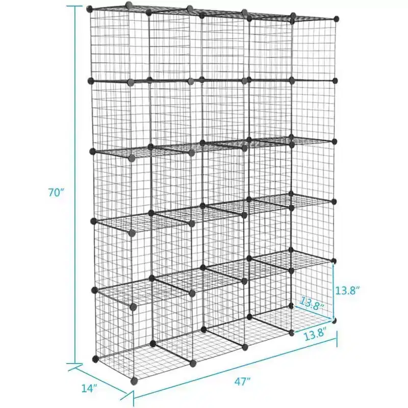 Organisateur de rangement modulaire DIY 20 cubes, étagère et tablettes multi-unités en treillis métallique, design réglable, noir