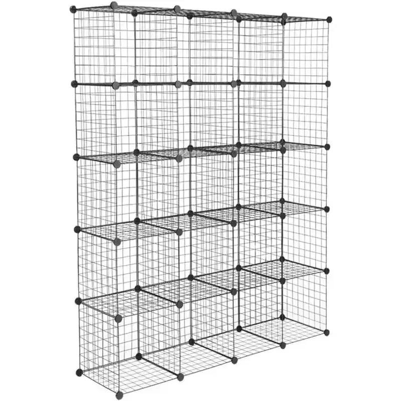 Organisateur de rangement modulaire DIY 20 cubes, étagère et tablettes multi-unités en treillis métallique, design réglable, noir
