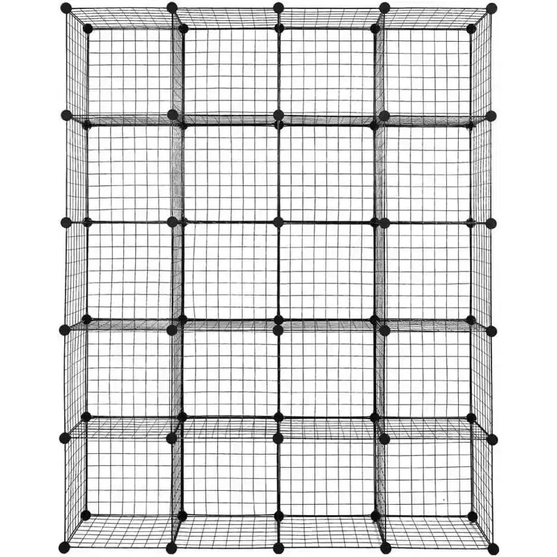 Organisateur de rangement modulaire DIY 20 cubes, étagère et tablettes multi-unités en treillis métallique, design réglable, noir