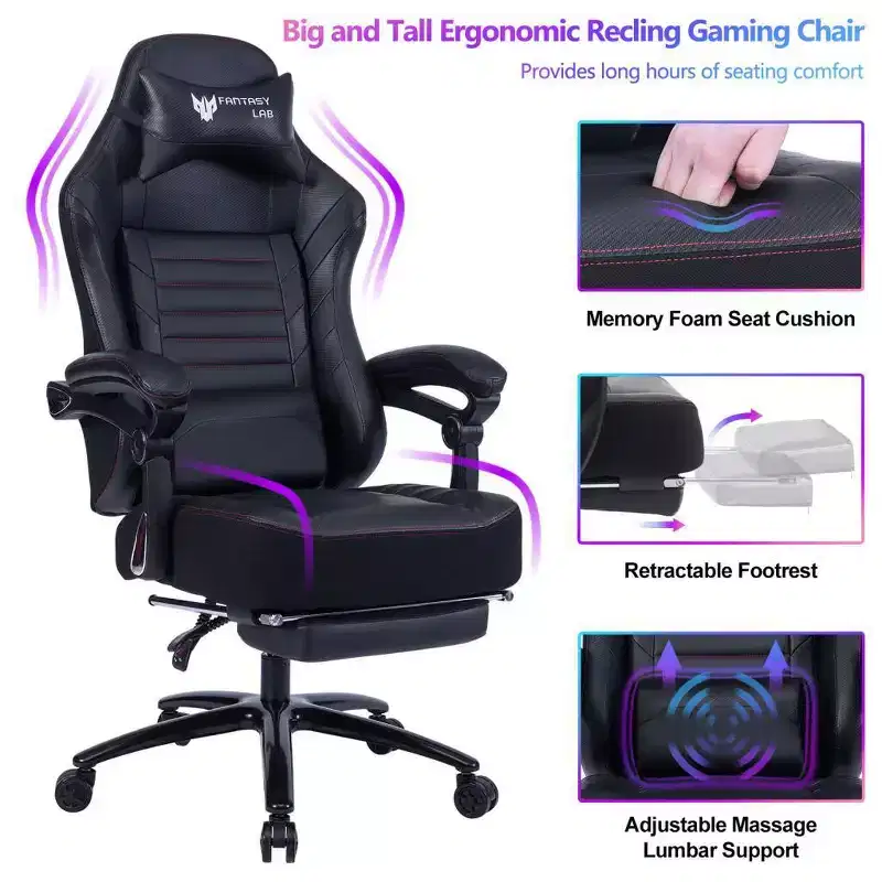 Chaise de jeu à dossier haut, chaise de bureau ergonomique avec repose-pieds pliable, chaise confortable réglable en hauteur pour étude, salle de jeux
