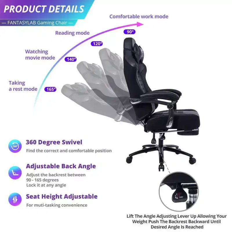 Chaise de jeu à dossier haut, chaise de bureau ergonomique avec repose-pieds pliable, chaise confortable réglable en hauteur pour étude, salle de jeux