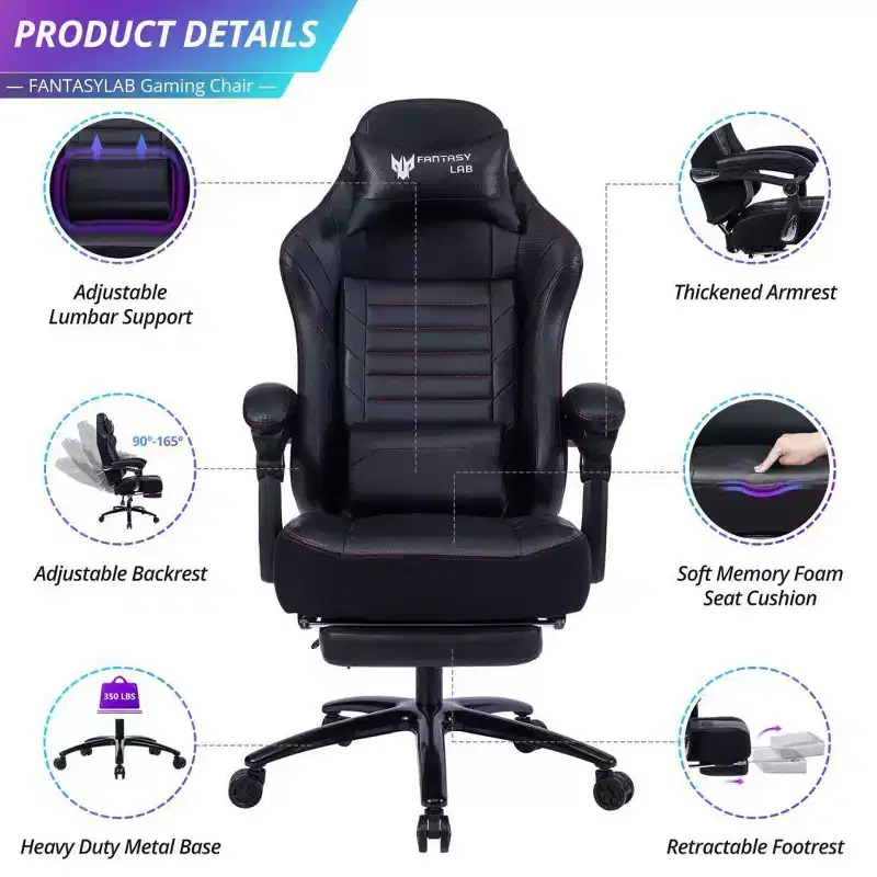 Chaise de jeu à dossier haut, chaise de bureau ergonomique avec repose-pieds pliable, chaise confortable réglable en hauteur pour étude, salle de jeux