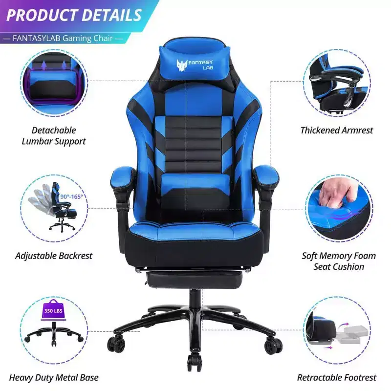 Chaise de jeu à dossier haut, chaise de bureau ergonomique avec repose-pieds pliable, chaise confortable réglable en hauteur pour étude, salle de jeux