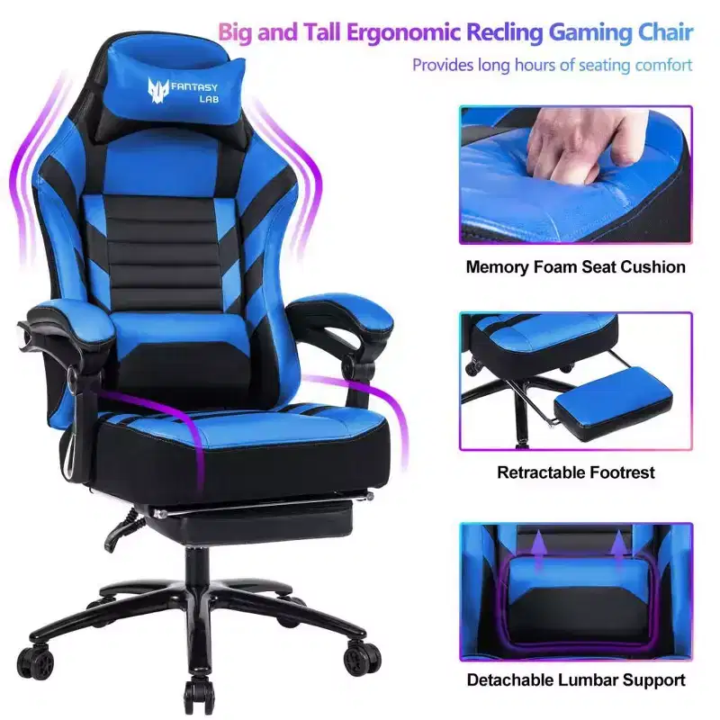 Chaise de jeu à dossier haut, chaise de bureau ergonomique avec repose-pieds pliable, chaise confortable réglable en hauteur pour étude, salle de jeux