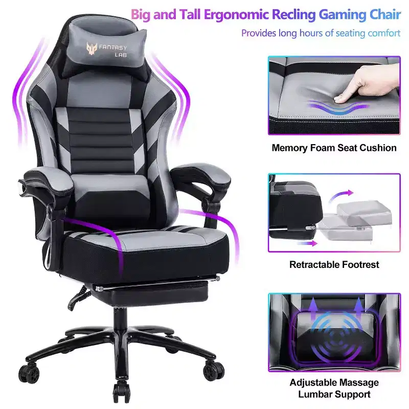 Chaise de jeu à dossier haut, chaise de bureau ergonomique avec repose-pieds pliable, chaise confortable réglable en hauteur pour étude, salle de jeux