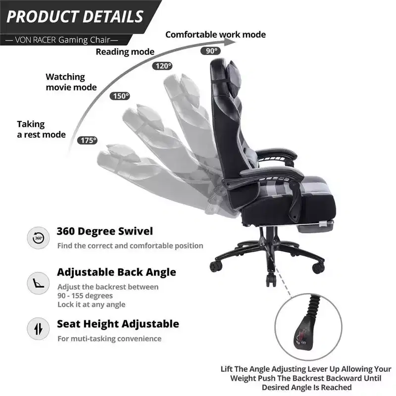Chaise de jeu à dossier haut, chaise de bureau ergonomique avec repose-pieds pliable, chaise confortable réglable en hauteur pour étude, salle de jeux